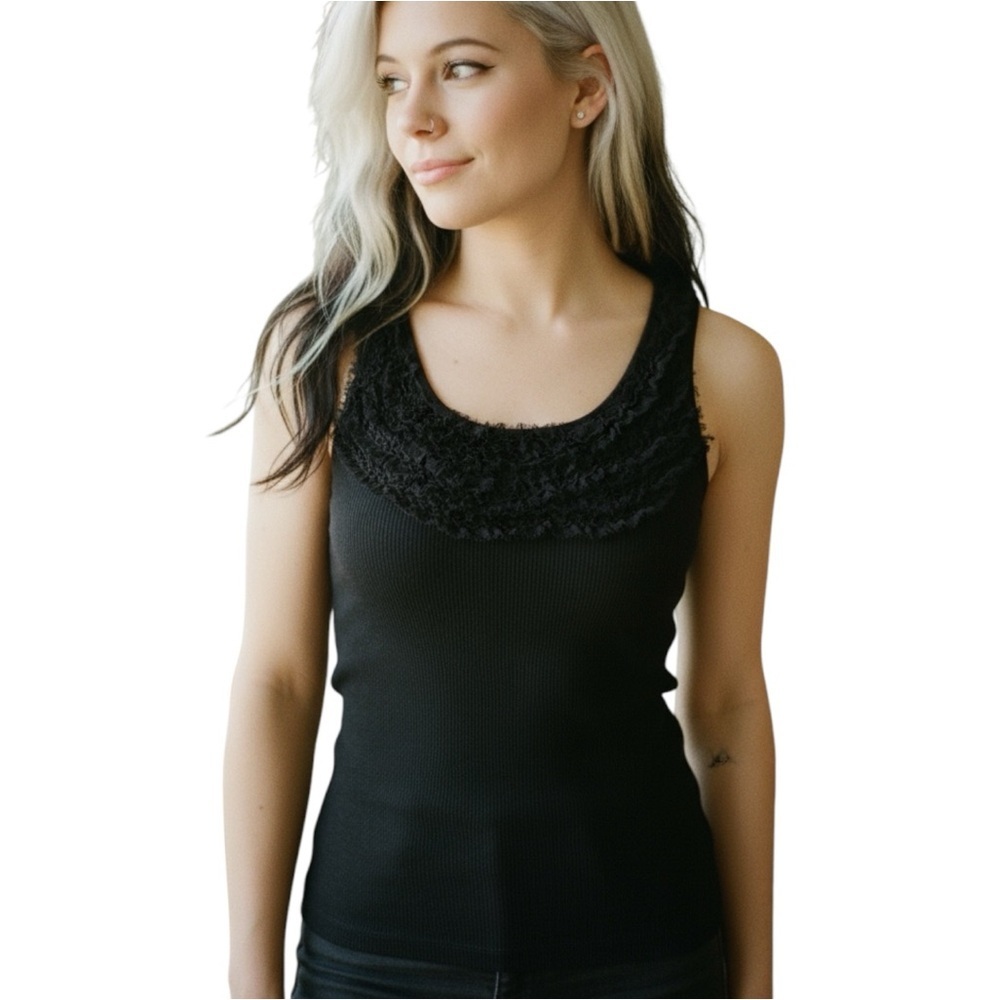 Elle Black Ruffle Front Ribbed Tank Top EUC M